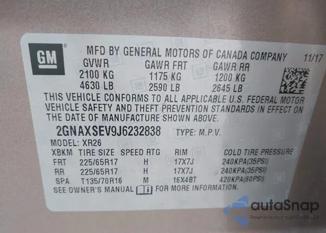 2018 Chevrolet Equinox Lt из США, поврежденный, VIN 2GNAXSEV9J6232838